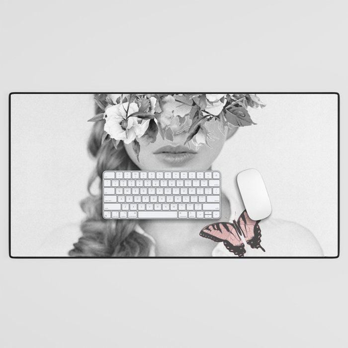 Woman With Flowers And Butterflies 9a Desk Mat