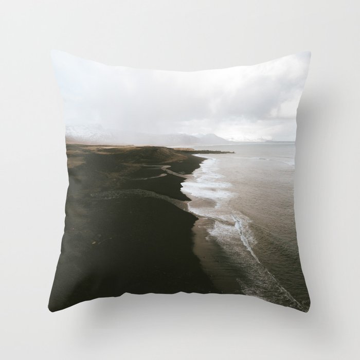 Moody Black Sand Beach In Iceland - Landscape Photography Throw Pillow