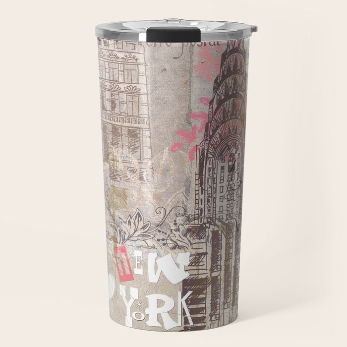 Vintage Collage Brown Pink Typography New York Landmark Travel Mug