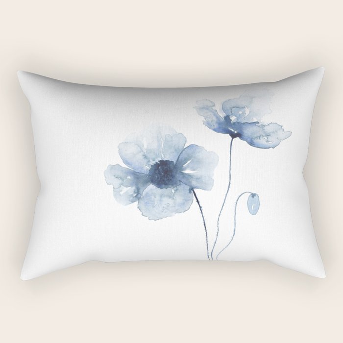 Blue Watercolor Poppies Rectangular Pillow