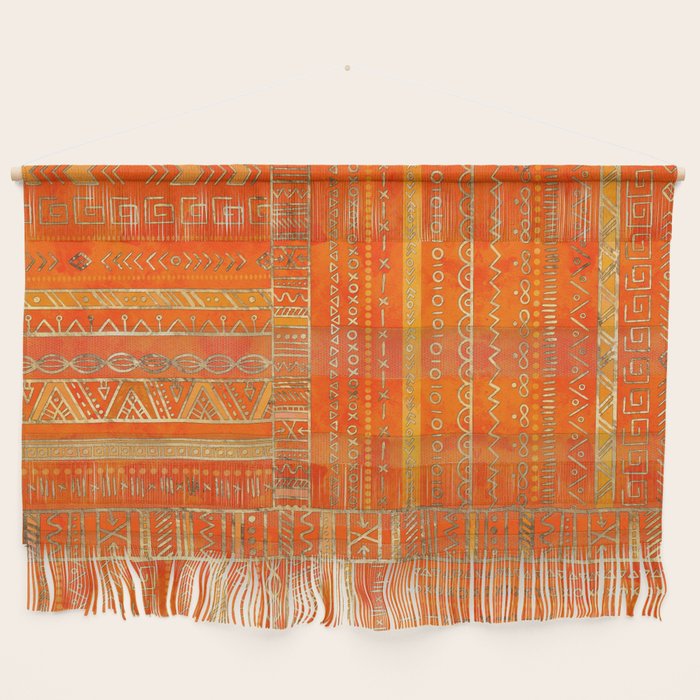 Tribal Ethnic Pattern Gold On Bright Orange Wall Hanging