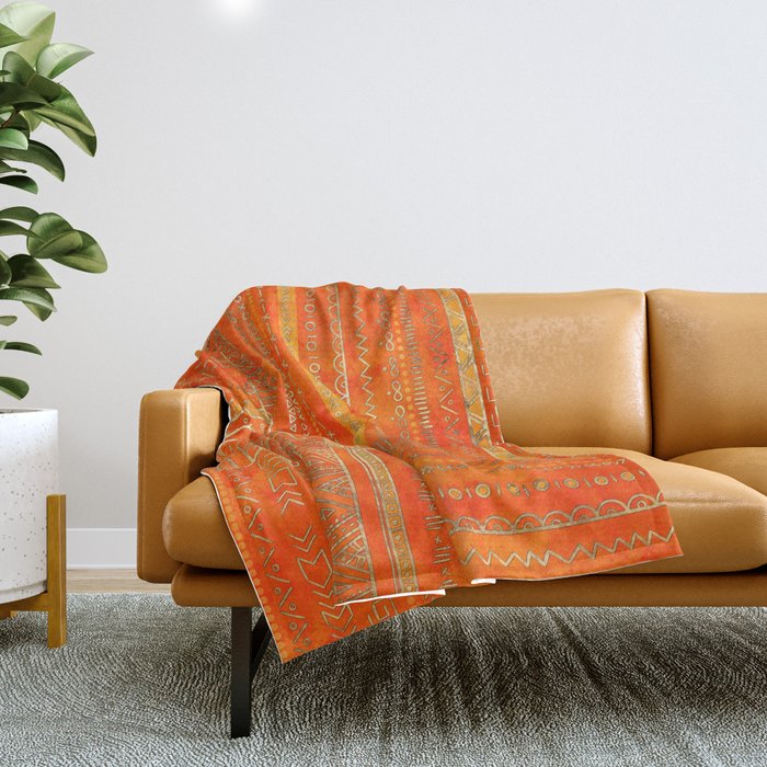 Tribal Ethnic Pattern Gold On Bright Orange Throw Blanket