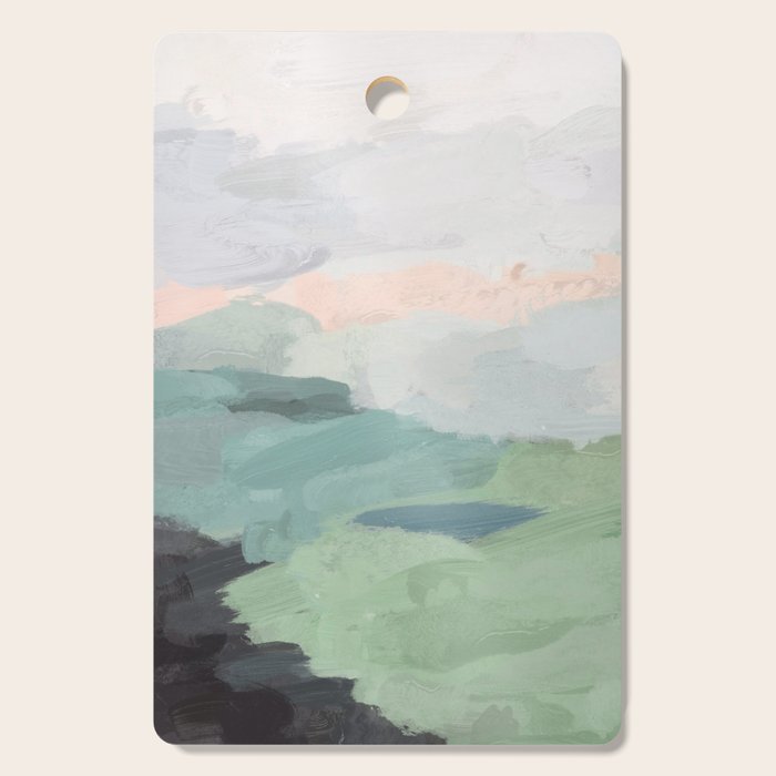 Farmland Sunset Ii - Seafoam Green Mint Black Blush Pink Abstract Nature Land Art Painting Cutting Board