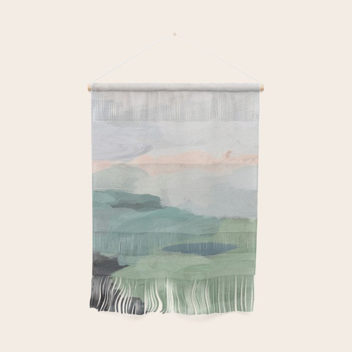Farmland Sunset Ii - Seafoam Green Mint Black Blush Pink Abstract Nature Land Art Painting Wall Hanging
