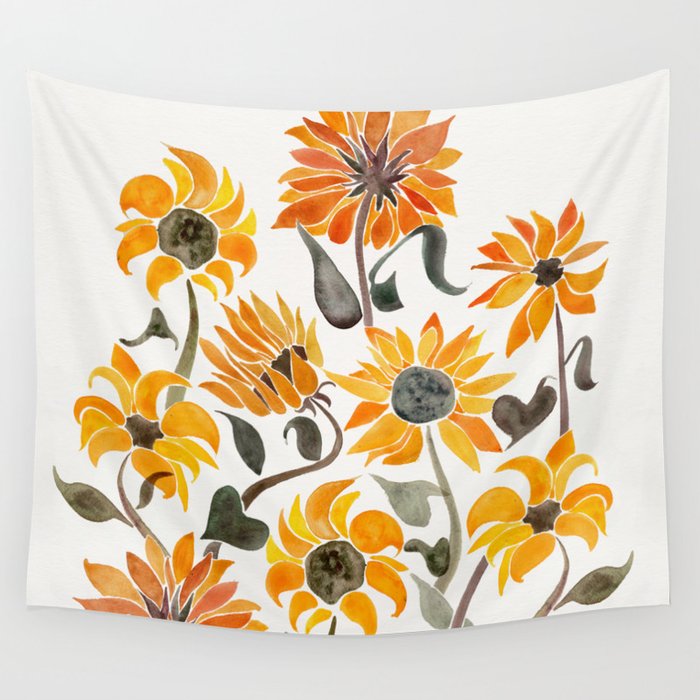 Sunflower Watercolor - Yellow & Black Palette Wall Tapestry
