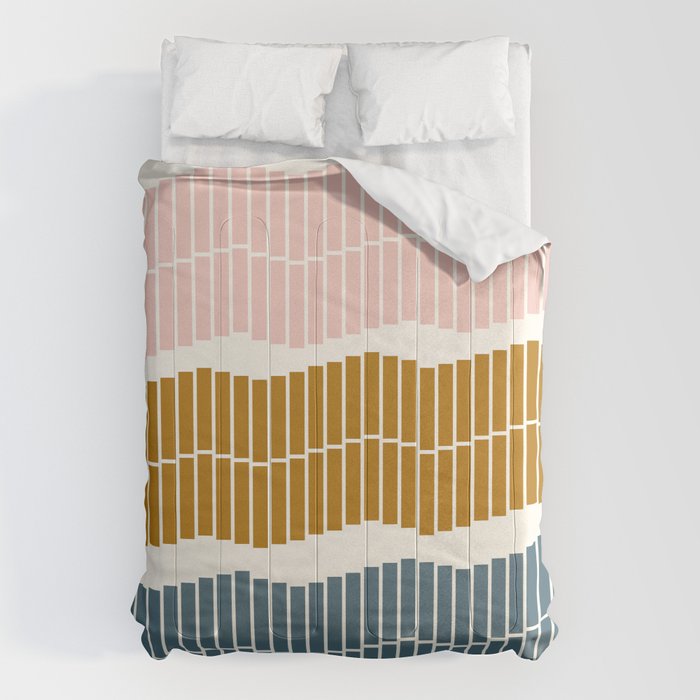 Minimalist Wavy Geometric Pattern In Pink, Gold, And Blue Comforter