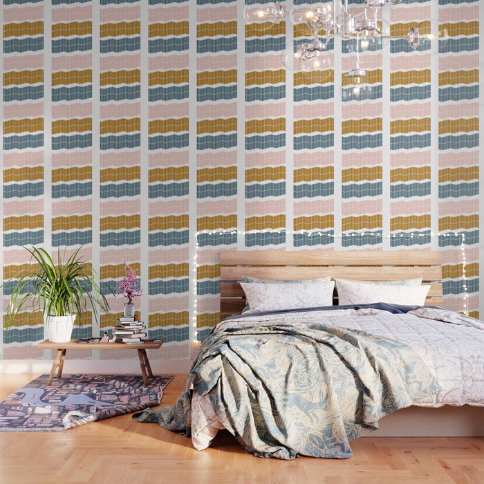 Minimalist Wavy Geometric Pattern In Pink, Gold, And Blue Wallpaper