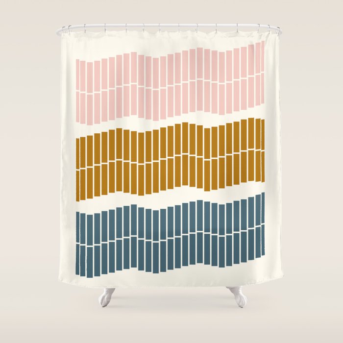 Minimalist Wavy Geometric Pattern In Pink, Gold, And Blue Shower Curtain