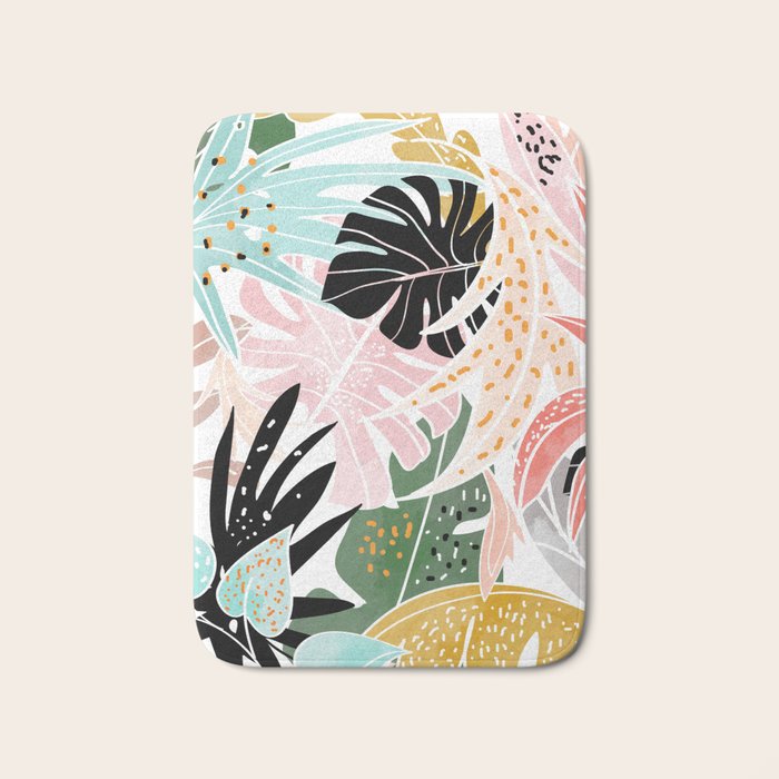 Veronica, Tropical Eclectic Bold Monstera Palm Illustration Nature Modern Colorful Jungle Bath Mat