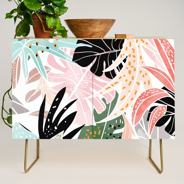 Veronica, Tropical Eclectic Bold Monstera Palm Illustration Nature Modern Colorful Jungle Credenza