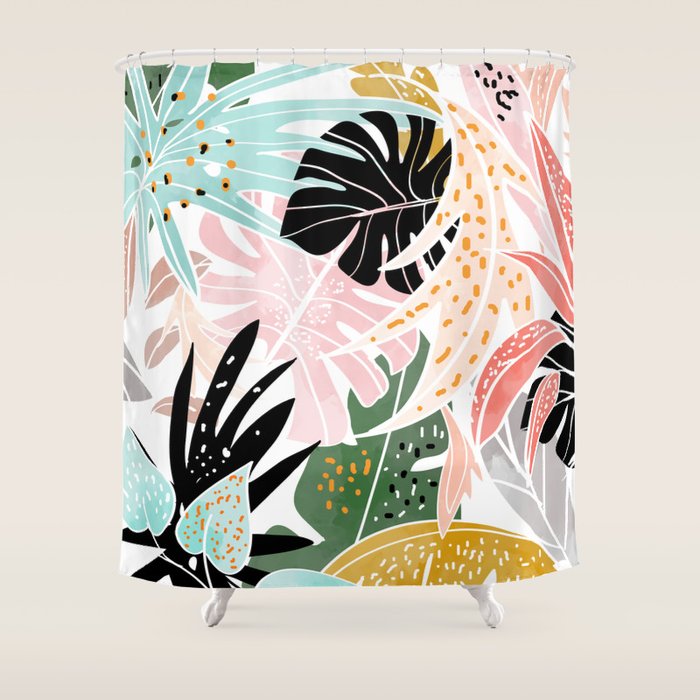 Veronica, Tropical Eclectic Bold Monstera Palm Illustration Nature Modern Colorful Jungle Shower Curtain