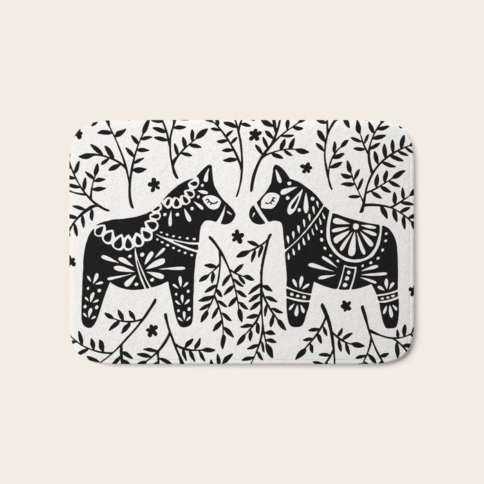 Swedish Dala Horses - Black Palette Bath Mat