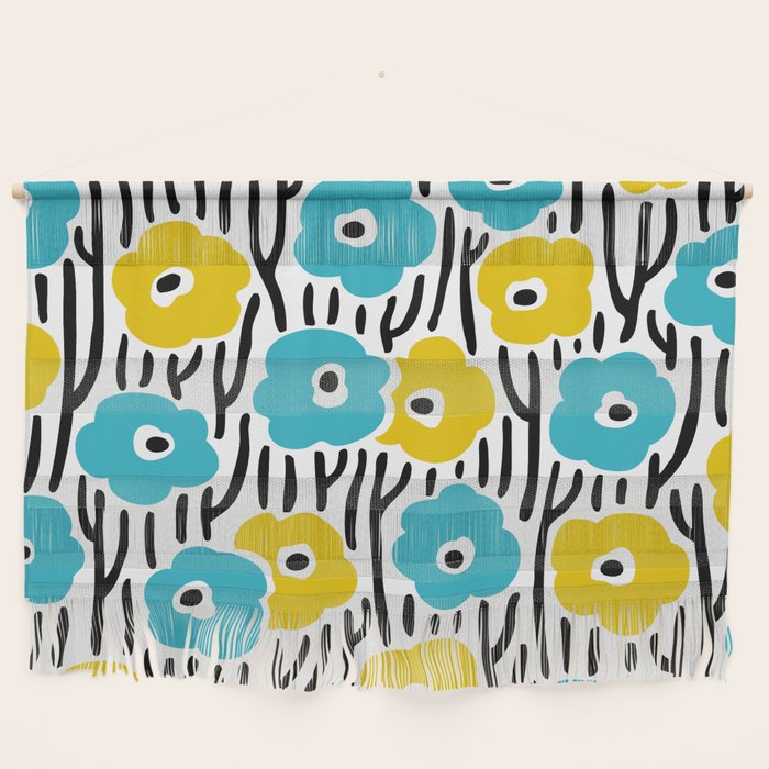 Wild Flowers Pattern Turquoise And Yellow Wall Hanging
