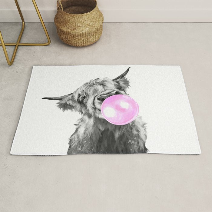 Bubble Gum Highland Cow Black And White Rug