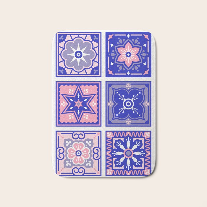 Talavera Mexican Tile - Pink & Periwinkle Palette Bath Mat