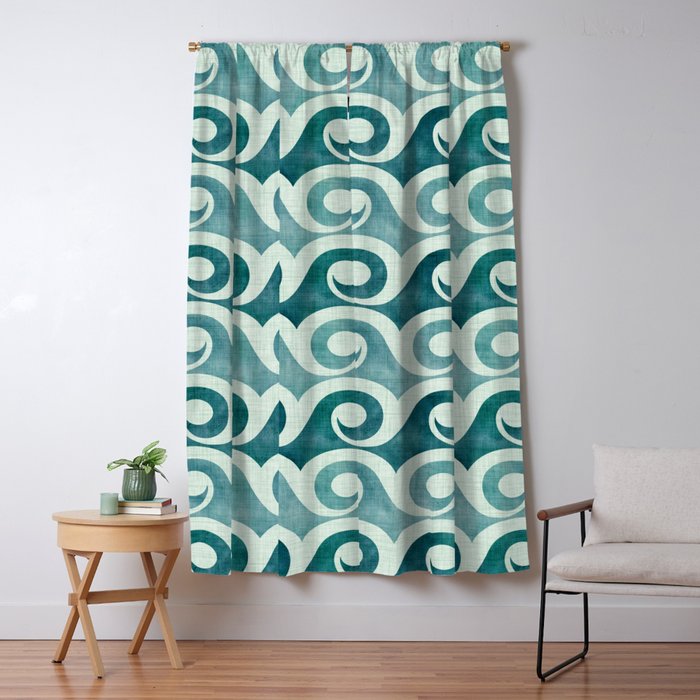 Vintage Waves Tropical Teal Geometric Pattern Window Curtain