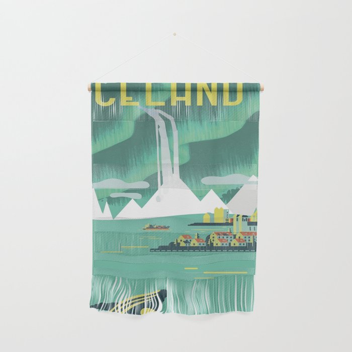 Vintage Mid Century Modern Iceland Scandinavian Travel Poster Ocean Whale Winter Village Wall Hanging