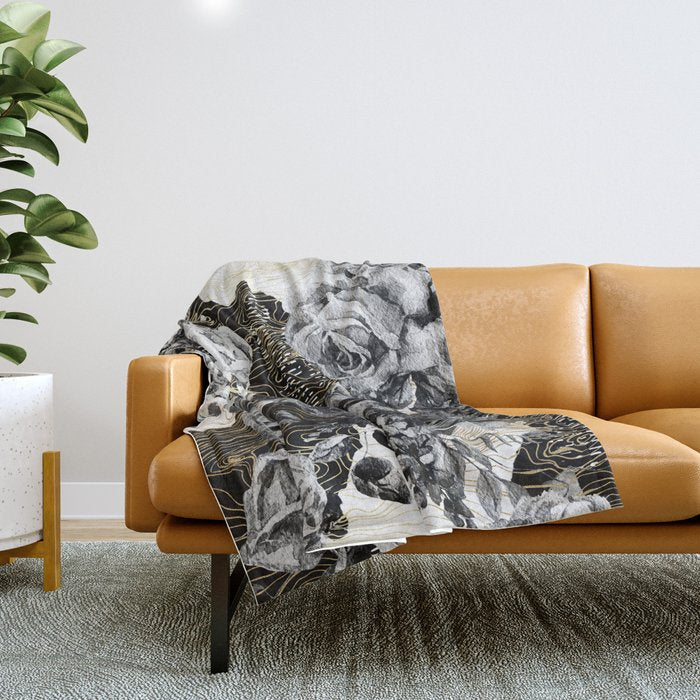 Dark Abstract Bloom Over Golden Lines Throw Blanket