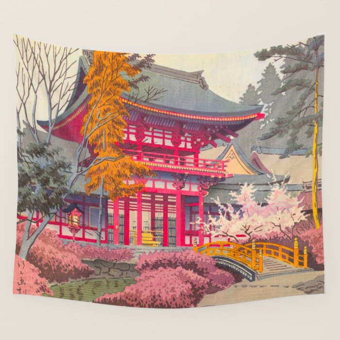 Japanese Woodblock Print Vintage Bright East Asian Red Pagoda Spring Garden Wall Tapestry