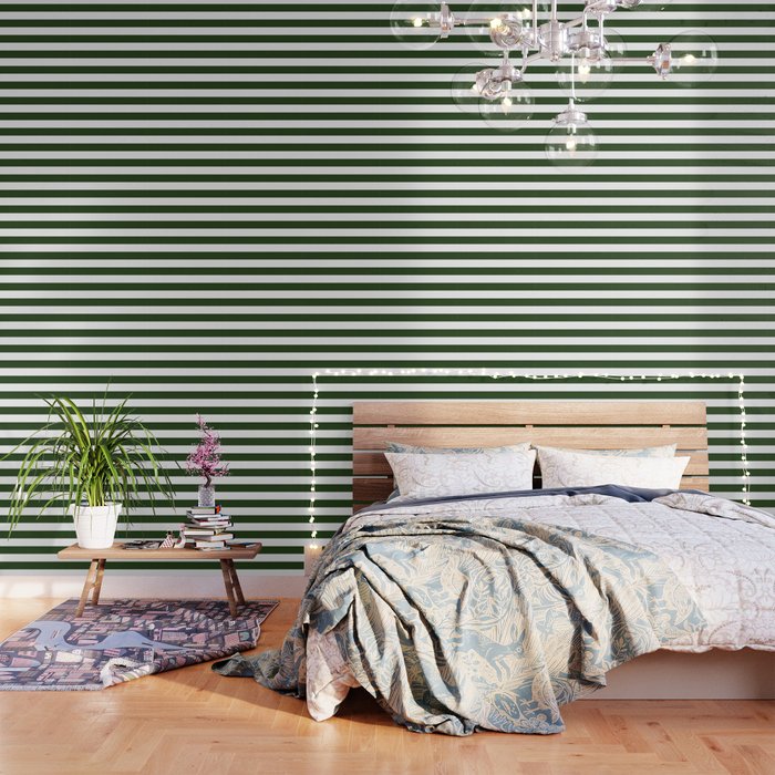 Large Dark Forest Green And White Cabana Tent Stripes Wallpaper