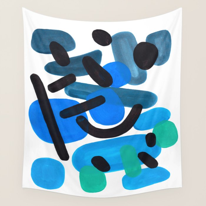 Abstract Minimalist Mid Century Modern Colorful Pop Art Retro Funky Shapes Blue Turquoise Wall Tapestry