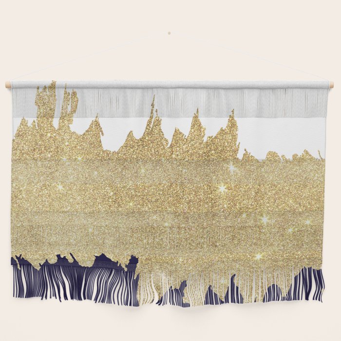Modern Navy Blue White Faux Gold Glitter Brushstrokes Wall Hanging
