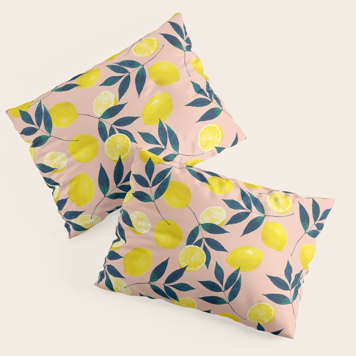 Lemon Goodness, Botanical Nature Forest Illustration, Bohemian Blush Colorful Painting Pillow Sham