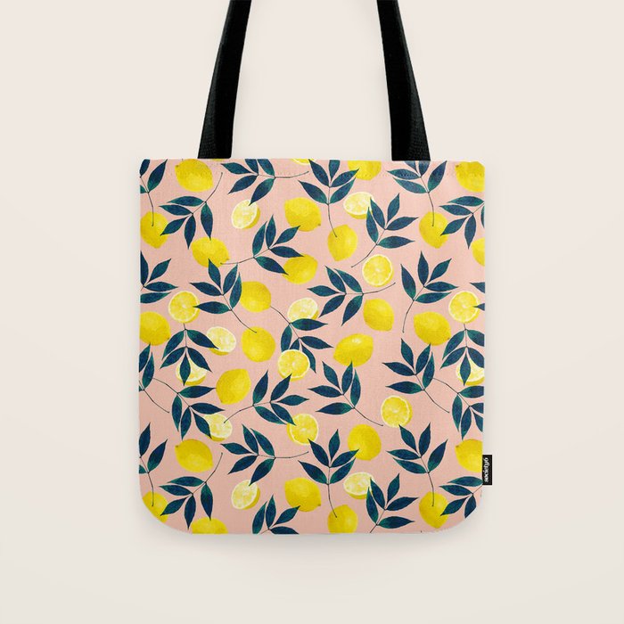 Lemon Goodness, Botanical Nature Forest Illustration, Bohemian Blush Colorful Painting Tote Bag