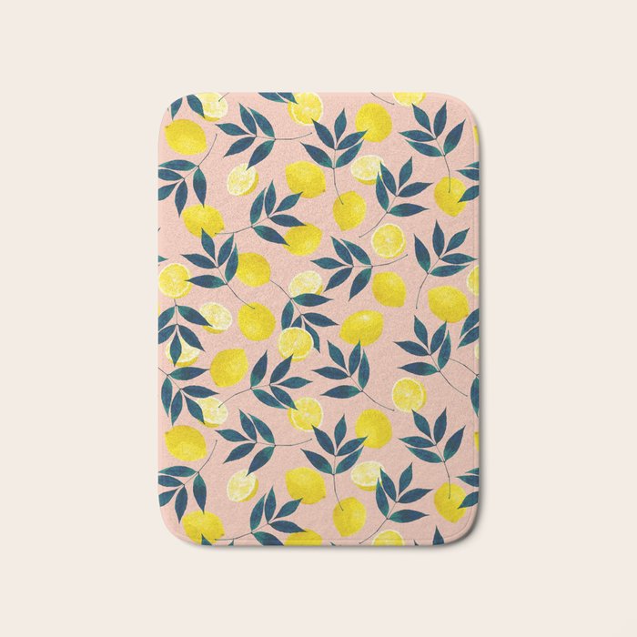 Lemon Goodness, Botanical Nature Forest Illustration, Bohemian Blush Colorful Painting Bath Mat