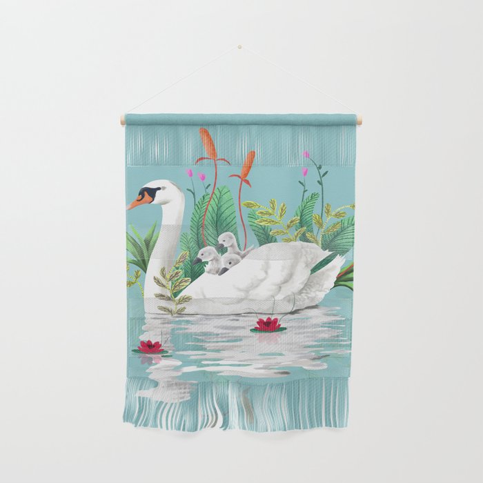 Bond, Jungle Animals, Swan Family Nature Pond Illustration, Bohemian Ducks Love Colorful Botanical Wall Hanging