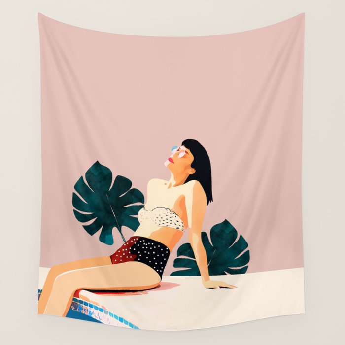 Sunday, Summer Swim Poolside Fashion, Bohemian Woman Sunbath Tan Bikini Monstera Tropical Travel Wall Tapestry