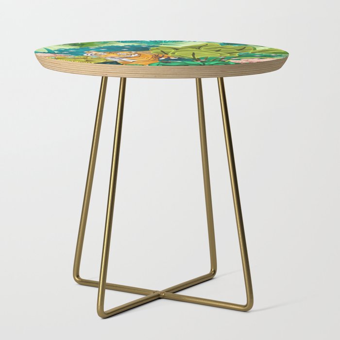 Jungle Tiger | Modern Bohemian Colorful Forest | Tropical Botanical Nature Watercolor Painting Side Table