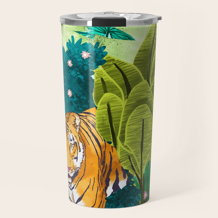 Jungle Tiger | Modern Bohemian Colorful Forest | Tropical Botanical Nature Watercolor Painting Travel Mug