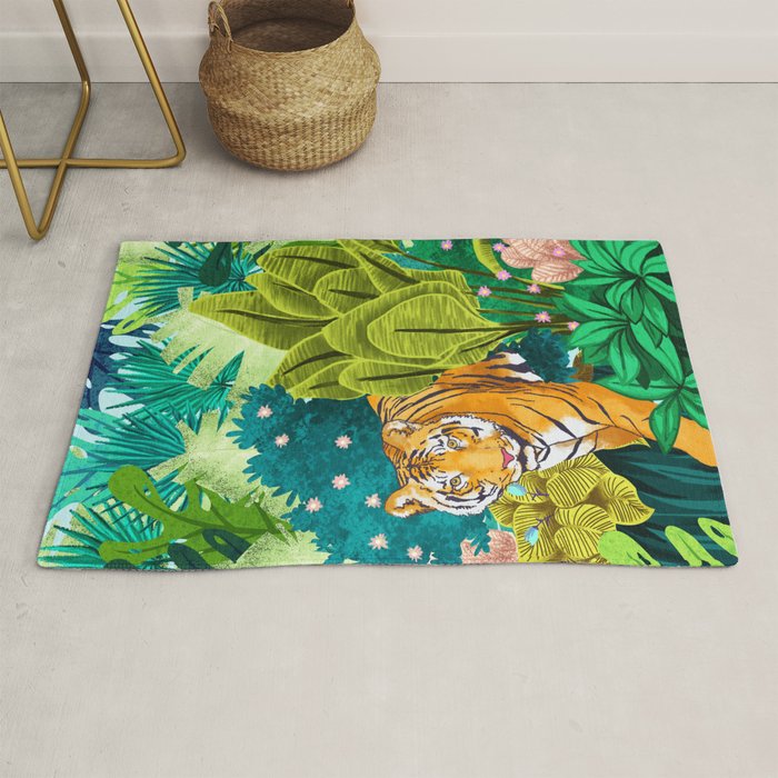 Jungle Tiger | Modern Bohemian Colorful Forest | Tropical Botanical Nature Watercolor Painting Rug