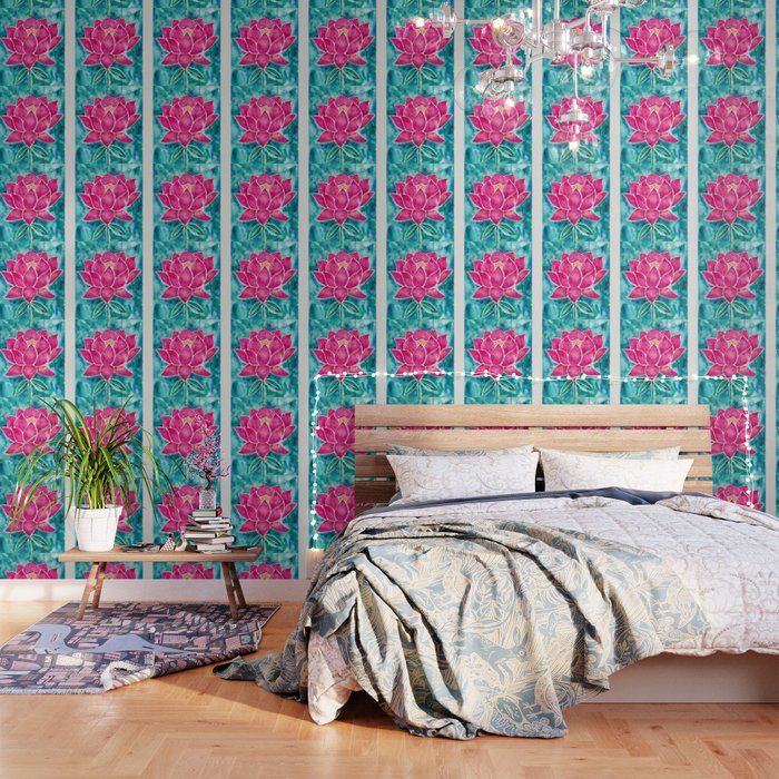 Sacred Lotus - Magenta Blossom With Turquoise Wash Wallpaper