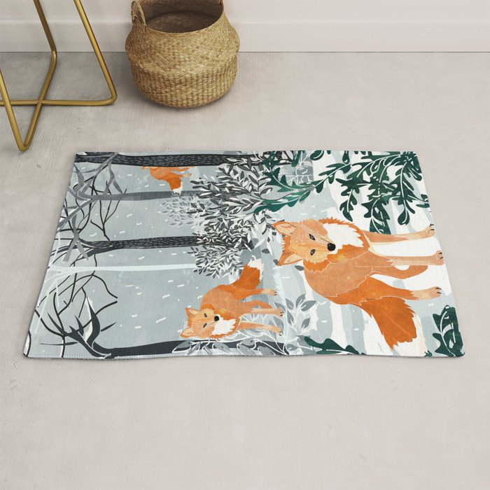 Fox Snow Walk, Animals Wildlife Winter, New Years Christmas Forest Wildlife Painting Rug
