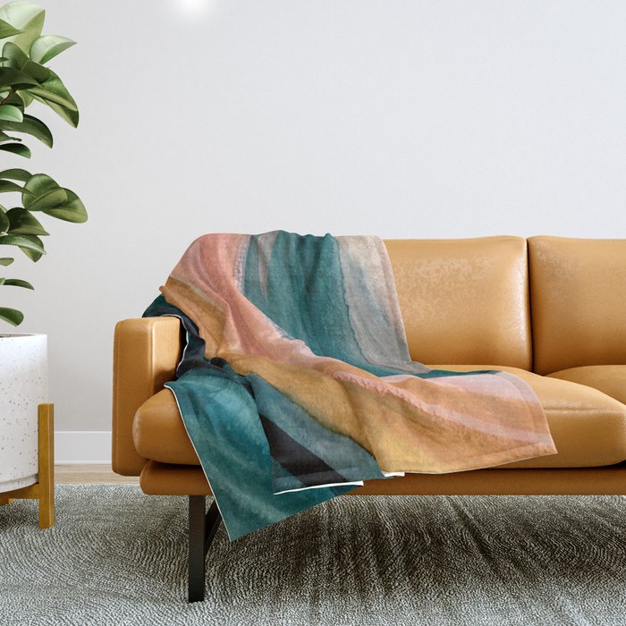 Breathe: A Vibrant Bold Abstract Piece In Greens, Ochre, And Pink Throw Blanket