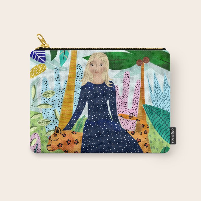 African Safari, Colorful Tropical Jungle Travel, Botanical Watercolor, Blonde Woman With A Leopard Carry All Pouch
