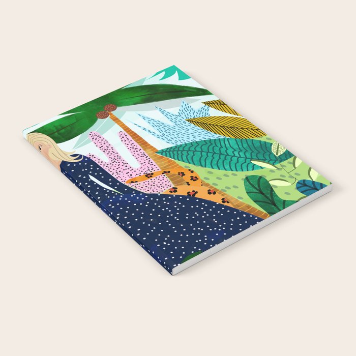 African Safari, Colorful Tropical Jungle Travel, Botanical Watercolor, Blonde Woman With A Leopard Notebook