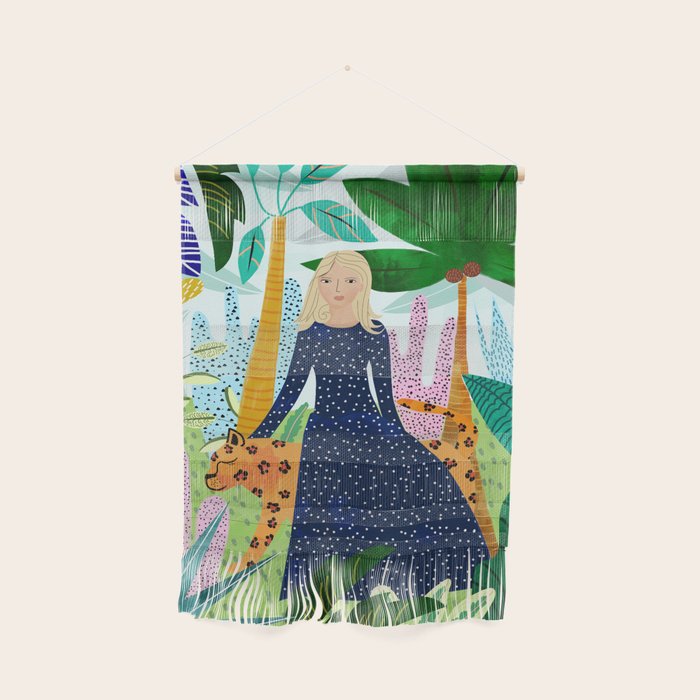 African Safari, Colorful Tropical Jungle Travel, Botanical Watercolor, Blonde Woman With A Leopard Wall Hanging