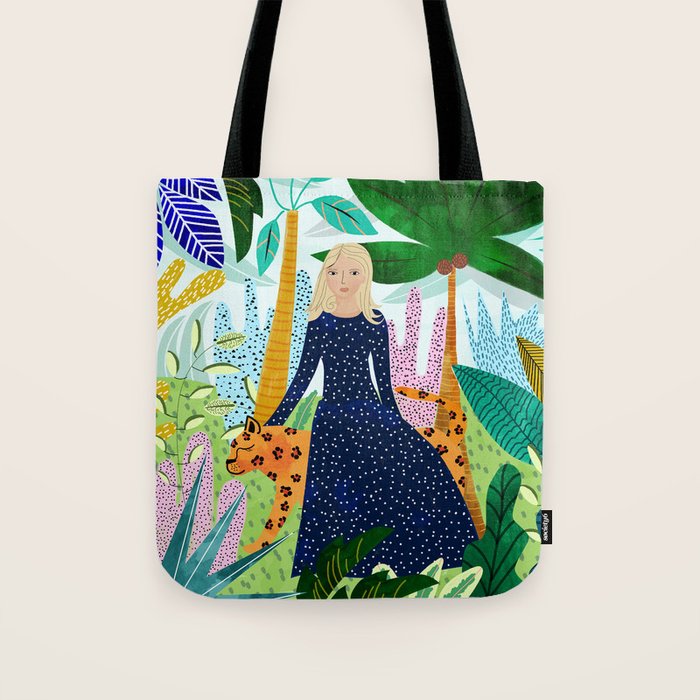African Safari, Colorful Tropical Jungle Travel, Botanical Watercolor, Blonde Woman With A Leopard Tote Bag