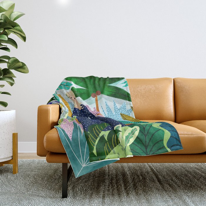 African Safari, Colorful Tropical Jungle Travel, Botanical Watercolor, Blonde Woman With A Leopard Throw Blanket