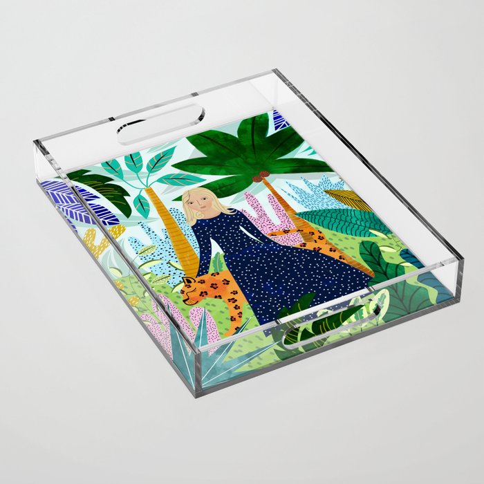 African Safari, Colorful Tropical Jungle Travel, Botanical Watercolor, Blonde Woman With A Leopard Acrylic Tray