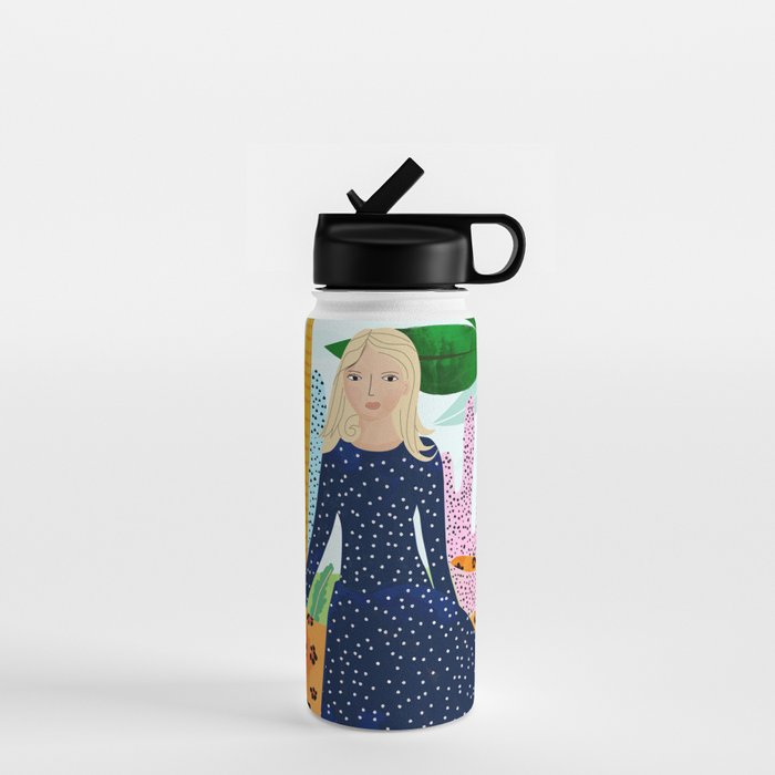 African Safari, Colorful Tropical Jungle Travel, Botanical Watercolor, Blonde Woman With A Leopard Water Bottle
