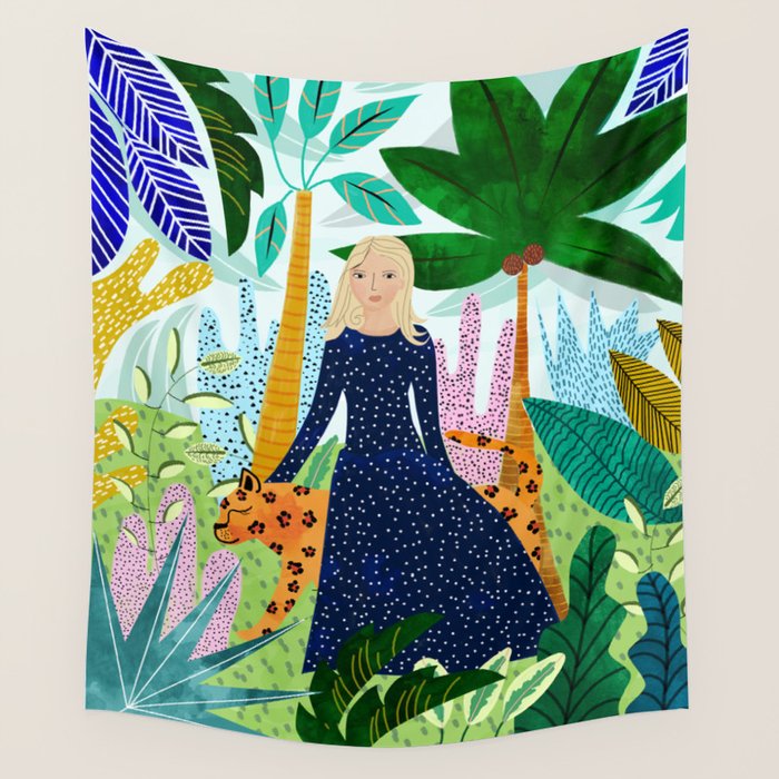 African Safari, Colorful Tropical Jungle Travel, Botanical Watercolor, Blonde Woman With A Leopard Wall Tapestry