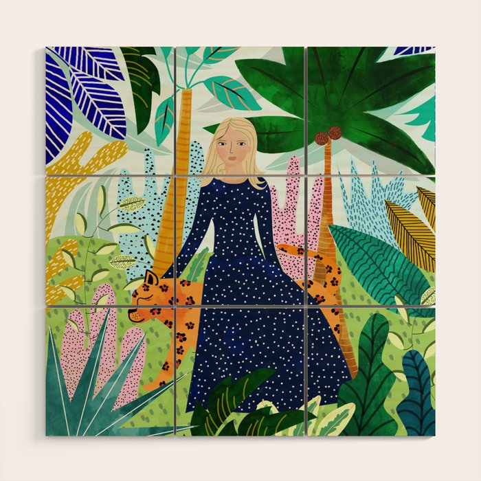 African Safari, Colorful Tropical Jungle Travel, Botanical Watercolor, Blonde Woman With A Leopard Wood Wall Art