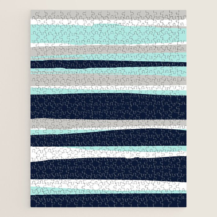 Ocean, Stripe Abstract Pattern, Navy, Aqua, Gray Jigsaw Puzzle