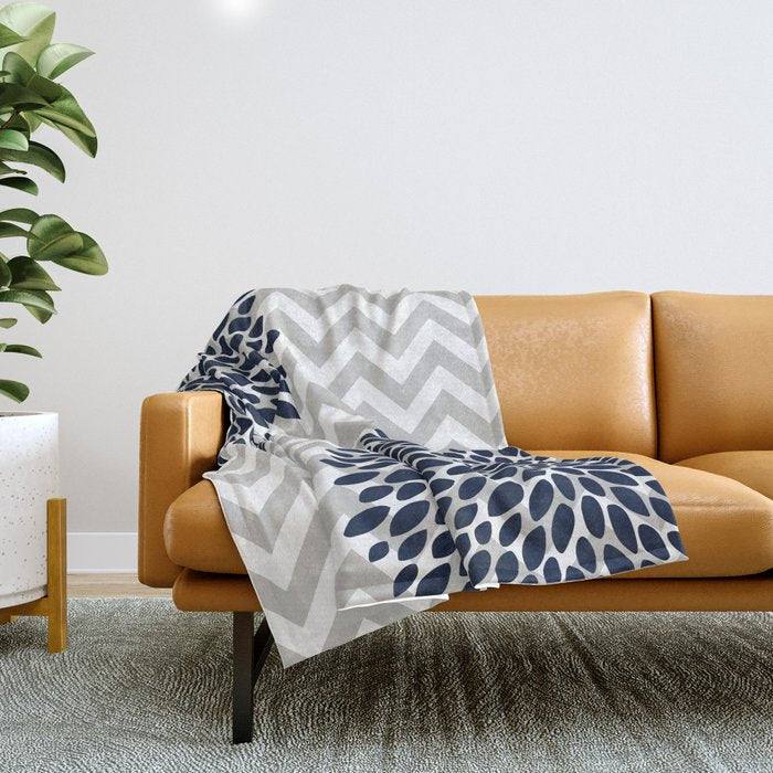 Chevron Floral Modern Navy And Grey Throw Blanket