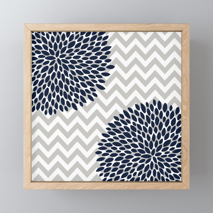 Chevron Floral Modern Navy And Grey Mini Art Print