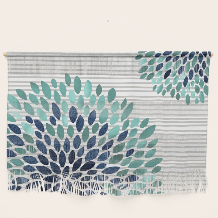 Blooms And Stripes, Aqua And Navy Wall Hanging